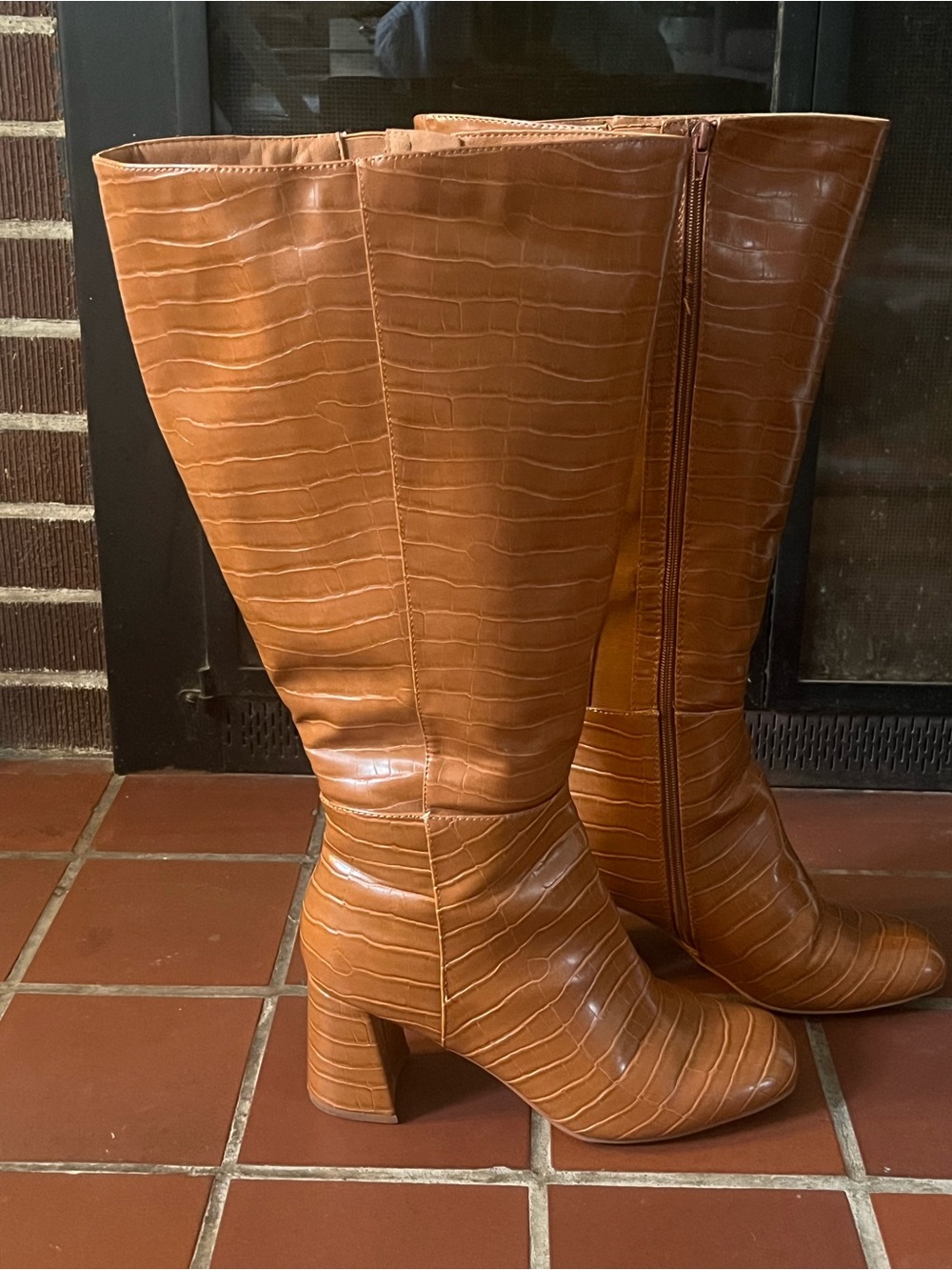 Lane Bryant Extra Wide Calf Cognac Croc-Embossed Tall Boots | Block Heel | 10W